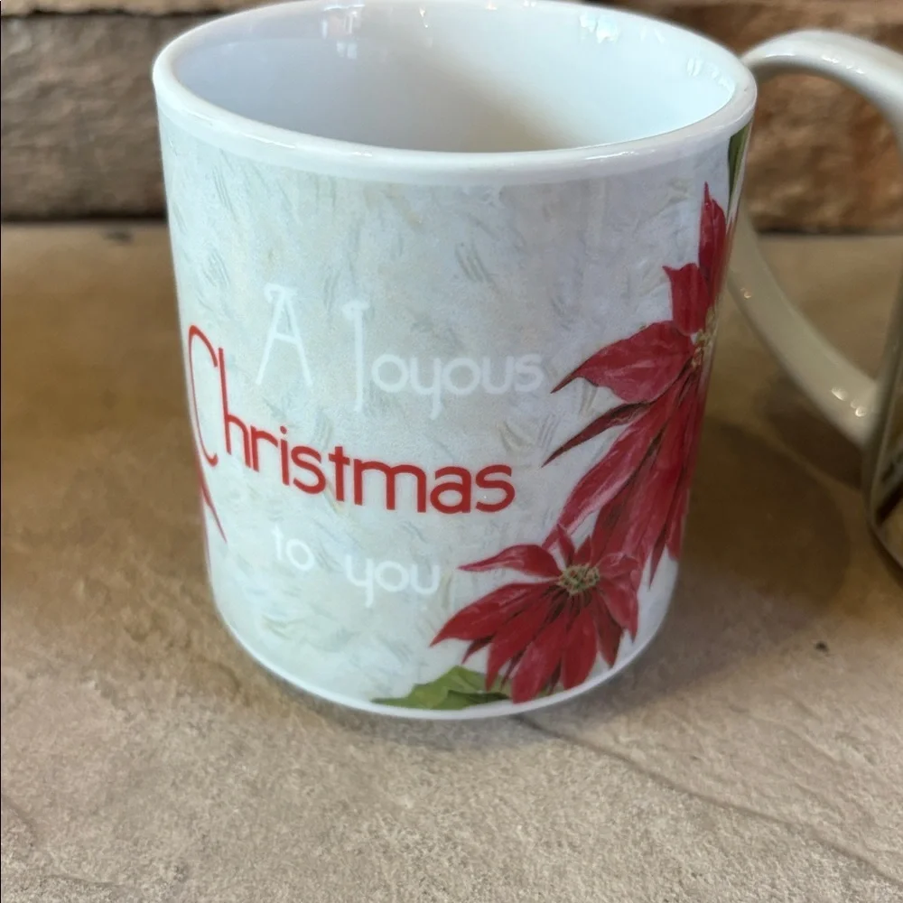 Pottery Barn ceramic holiday mugs with Holly and poinsettias